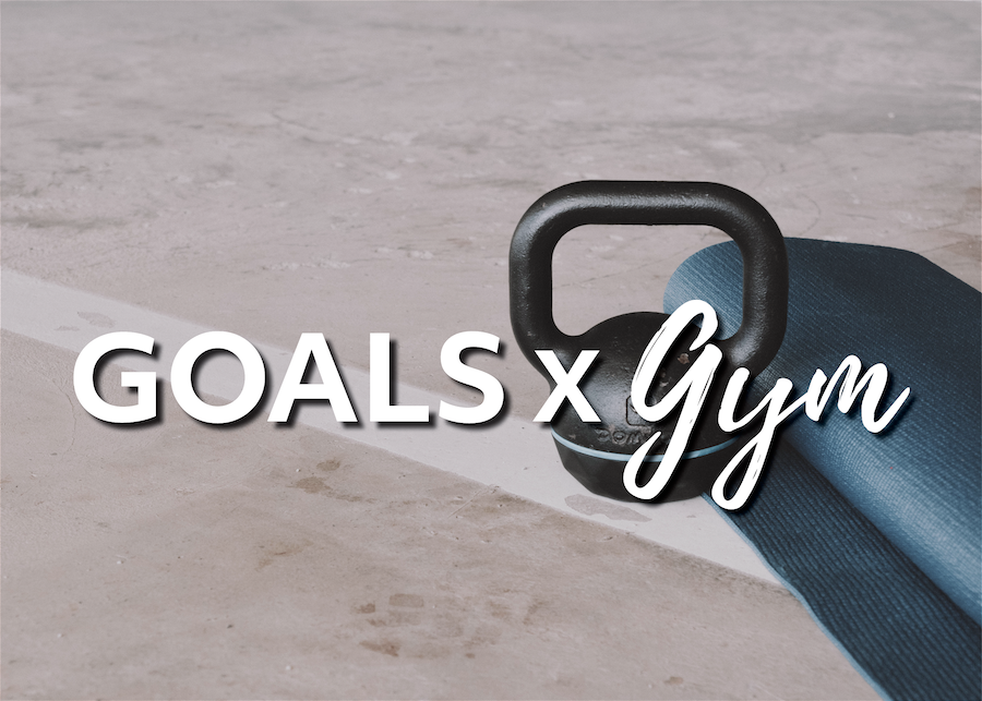 Text that reads 'GOALS X GYM' over an image of a kettlebell weight and blue yoga mat