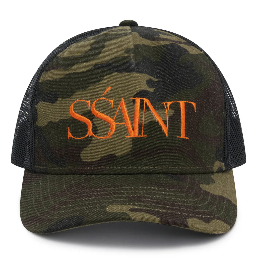 Camouflage trucker hat with 'S'SAINT' in orange on a white background