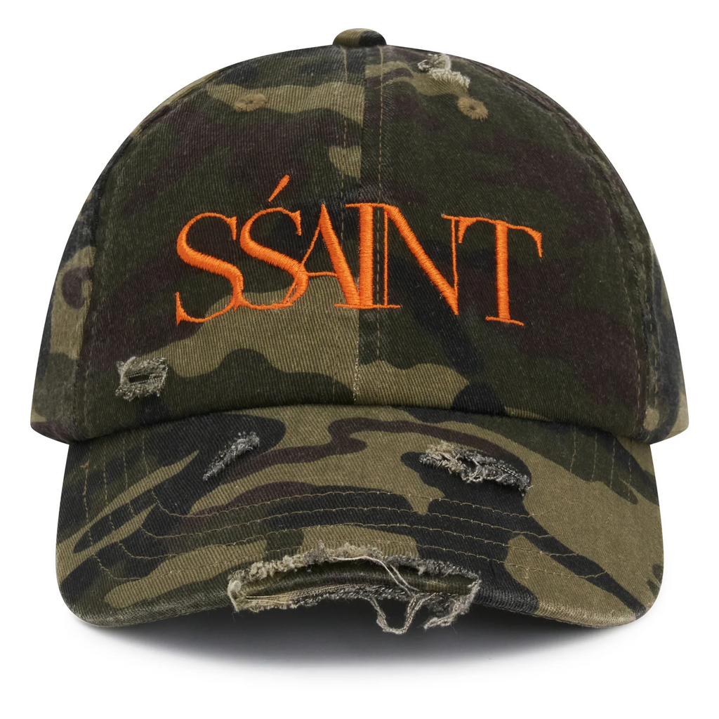 Camouflage baseball cap with 'SSaint' logo in orange on a white background