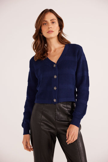 Macy Stripe Rib Knit Cardigan | Navy