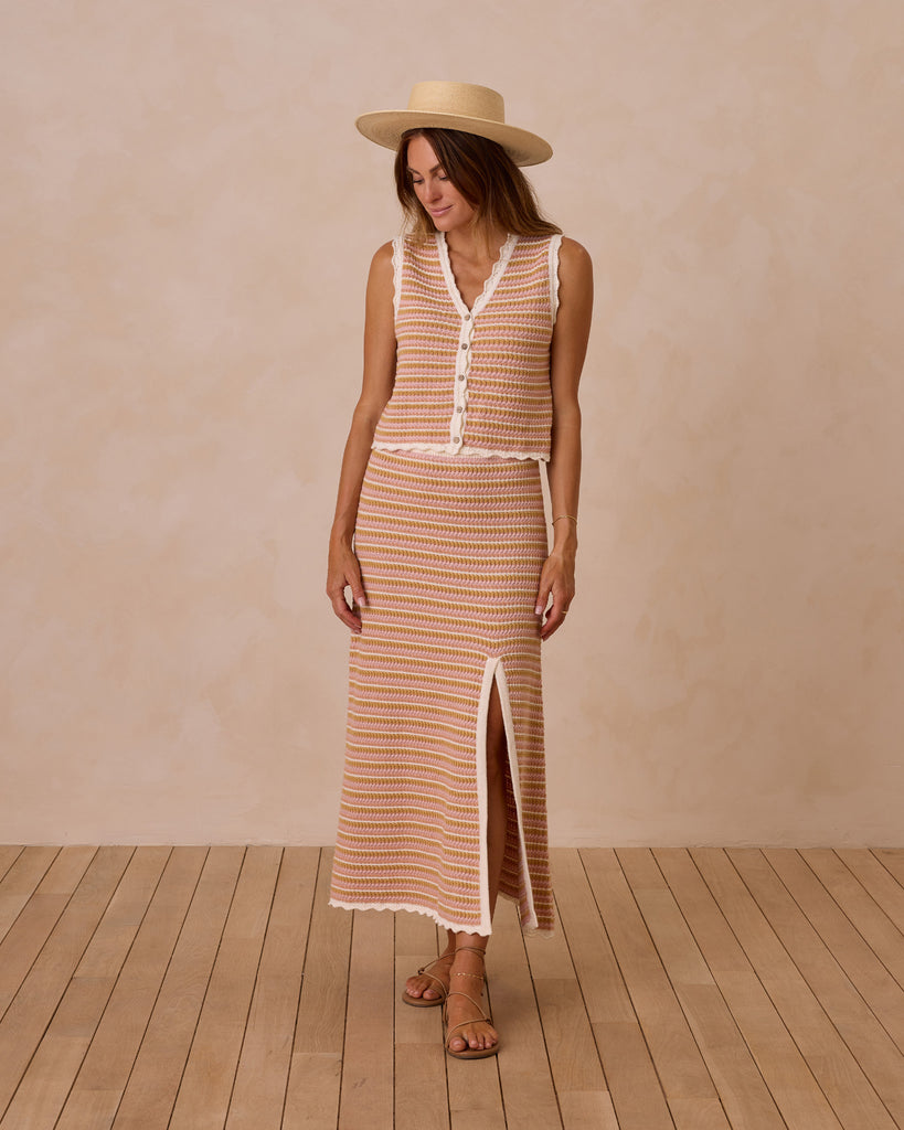 Womens Knit Midi Skirt Pink Stripe