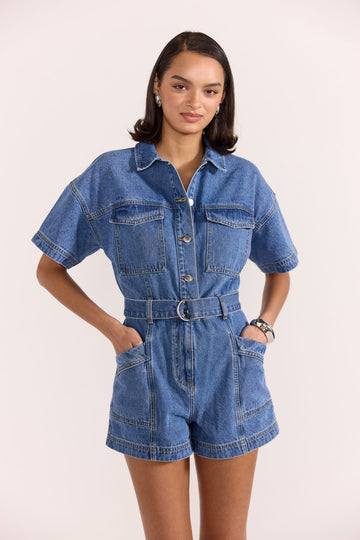 Tate Denim Playsuit | Mid Blue