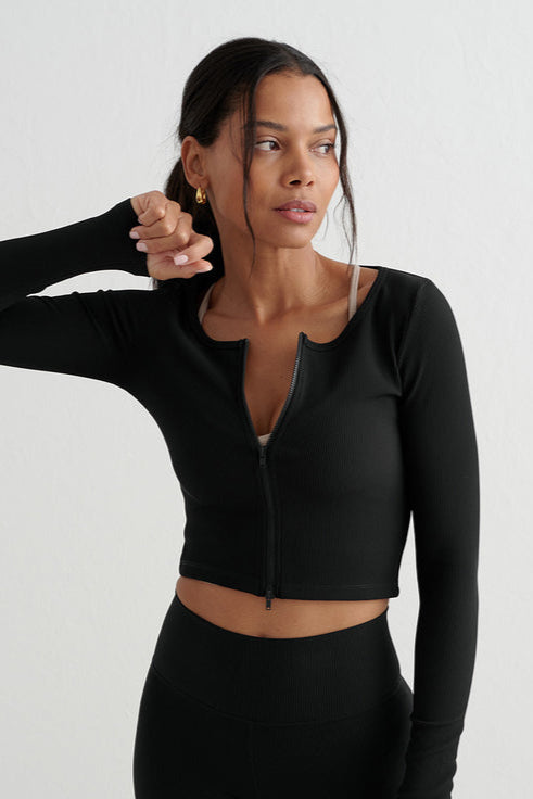 Ribbed Performance Zipped Cardigan | Black